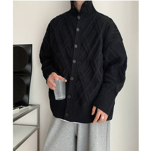 Retro Check Turtleneck Knitted Cardigan Jacket