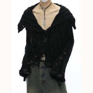 Distressed Lapel Short Knitted Sweater Cardigan