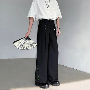 Loose Metal Buckle Bamboo Pattern Casual Wide-leg Straight Pants