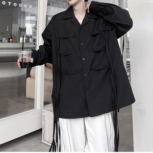 Ribbon Cuban Collar Long Sleeve Oversized Shirt