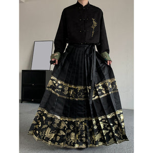 Ethnic Long-sleeved Shirt Flocked Vest Gold-woven Horse-faced Skirt Three-piece Suit