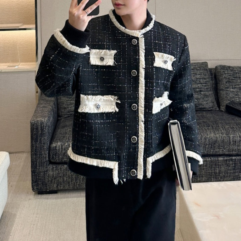 Round Neck Patchwork Raw Edge Suit Jacket