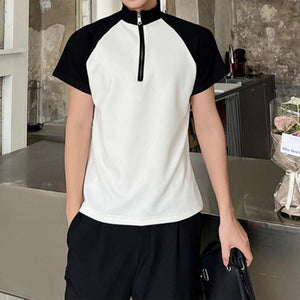 Colorblock Zip Mock Neck Raglan Sleeves T-Shirt