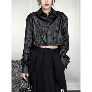 Pleated Shoulder Pad PU Leather Shirt