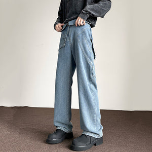 Blue Patchwork Denim Long Straight Pants