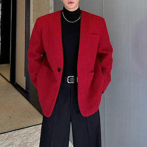 Retro Red Collarless Woolen Thickened Suit Jacket