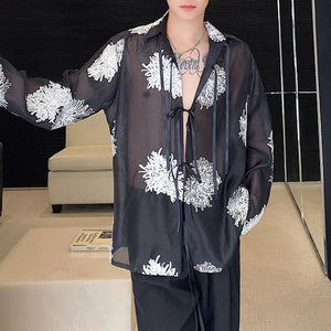 Embroidered Lace-up Slightly Sheer Long-sleeved Shirt