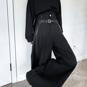 Dark Structured Patchwork Leather Wide-leg Pants