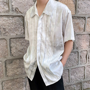 Vintage Jacquard Stand Collar Short Sleeve Shirt