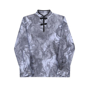 Ink Pattern Stand Collar Buckle Long Sleeve Shirt