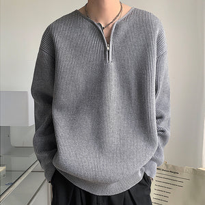 Zippered V-Neck Loose Knit Sweater