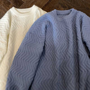 Wavy Crew Neck Solid Color Knit Sweater