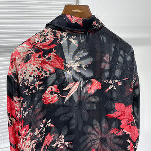 Slanted Placket Large Floral Print Shirt