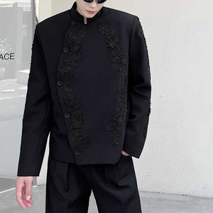 Embroidered Stand Collar Bias Placket Jacket