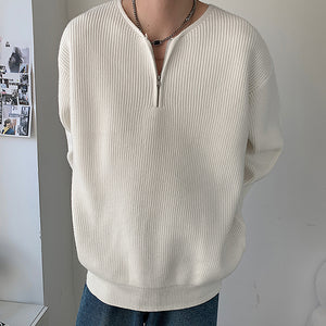 Zippered V-Neck Loose Knit Sweater