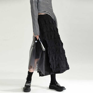 Contrast Color Stitching Mesh Pleated A-line Skirt