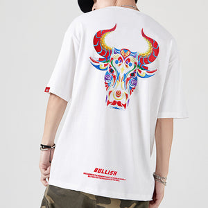Bull Head Embroidered Loose Short Sleeve T-Shirt