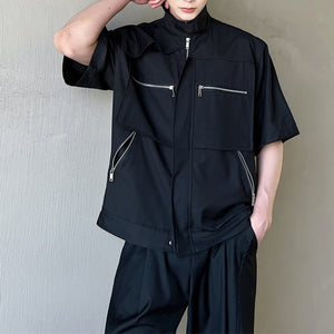 Multi-Zip Stand Collar Short Sleeve Shirt