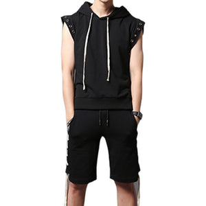 Slim Fit Sleeveless Hooded T-Shirt And Shorts