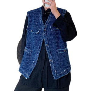 Raw Edge Multi-pocket Trim Denim Vest