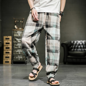 Cotton Linen Plaid Loose Casual Pants