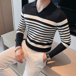 Striped Long-sleeve Knitted Polo Shirt