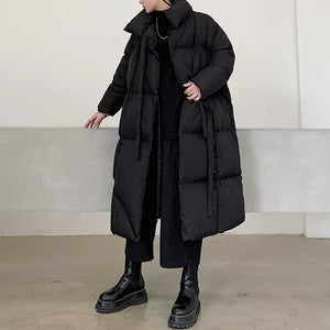 Dark Stand Collar Tie Long Thickened Coat