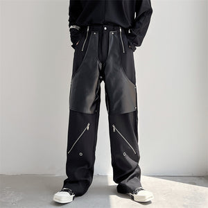 Metal Buckle Zipper Stitching PU Leather Pants