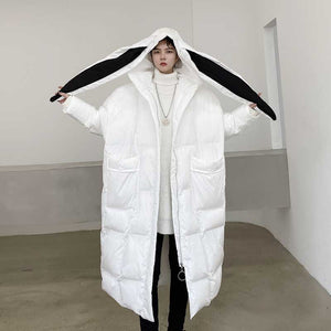 Rabbit Ears Hooded Long Thickened Coat