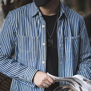 Retro Military Style Blue and White Stripes Shirts