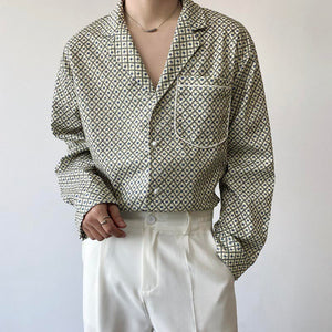 Vintage Pattern Cuban Collar Long Sleeve Shirt