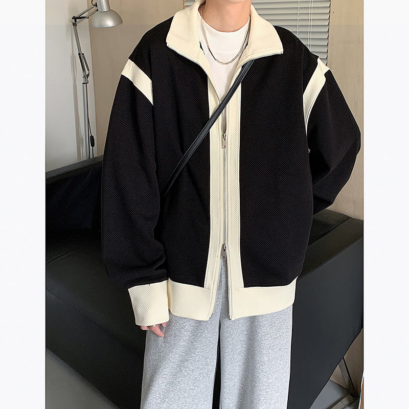 Retro Lapel Knit Colorblock Loose Jacket