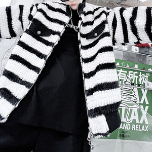 Black And White Contrast Stripe Plush Jacket
