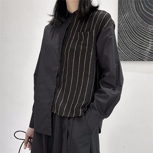 Striped Irregular Stitching Stand Collar Shirt