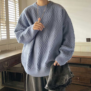 Wavy Crew Neck Solid Color Knit Sweater
