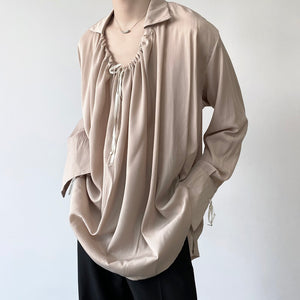 Drawstring Lapel Long Sleeve Loose Shirt