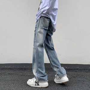 Straight Leg Loose Fit Frayed Wash Jeans