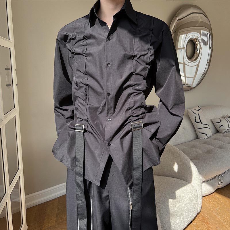 Pleated Drawstring Long Sleeve Shirt