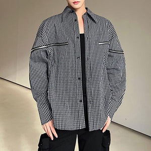 Black and White Grid Zipper Splicing Long-sleeved Shirt