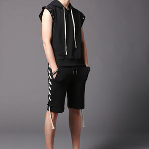 Slim Fit Sleeveless Hooded T-Shirt And Shorts
