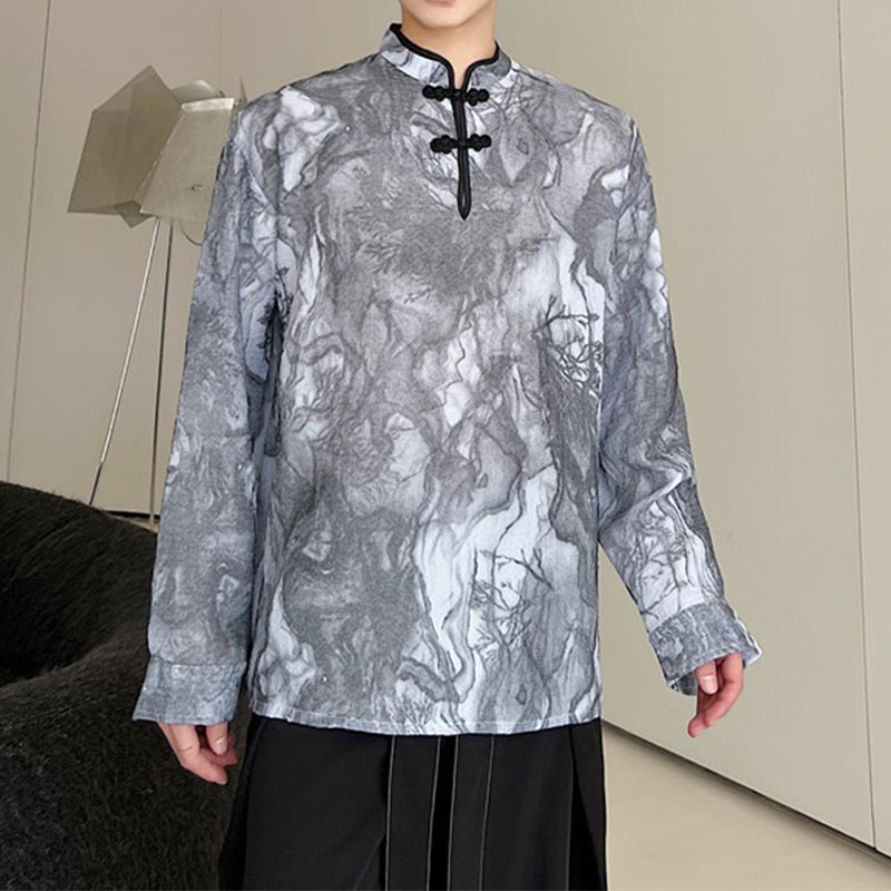 Ink Pattern Stand Collar Buckle Long Sleeve Shirt