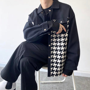 Houndstooth Panel Frayed Lapel Jacket