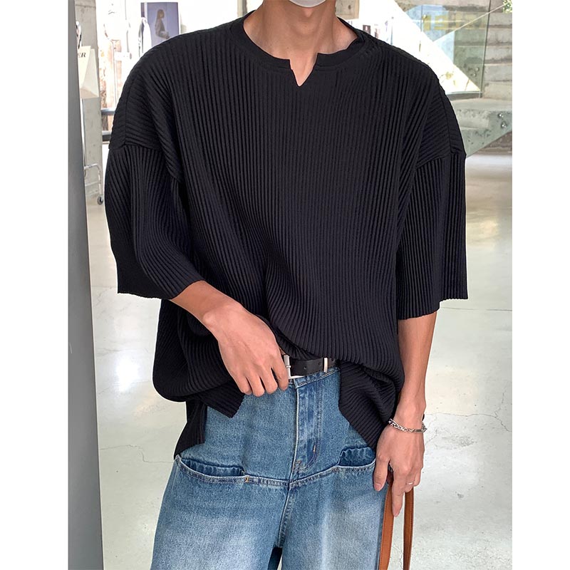 Pleated V Neck Thin Short Sleeve T-Shirt