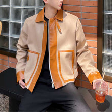 Load image into Gallery viewer, Contrast Color Cropped Lapel PU Leather Jacket
