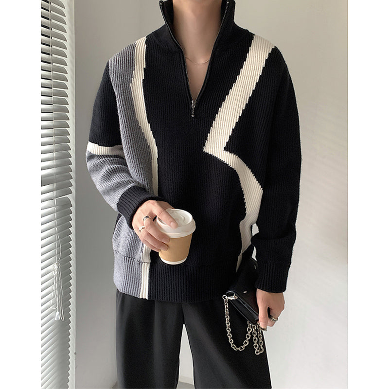 Zip Turtleneck Patchwork Knit Sweater