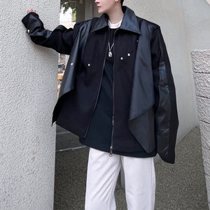 Irregular Wool and Leather Panel Jacket