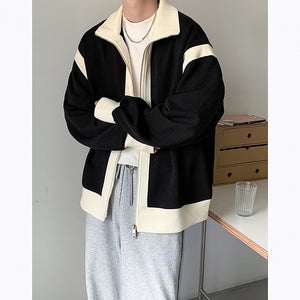 Retro Lapel Knit Colorblock Loose Jacket