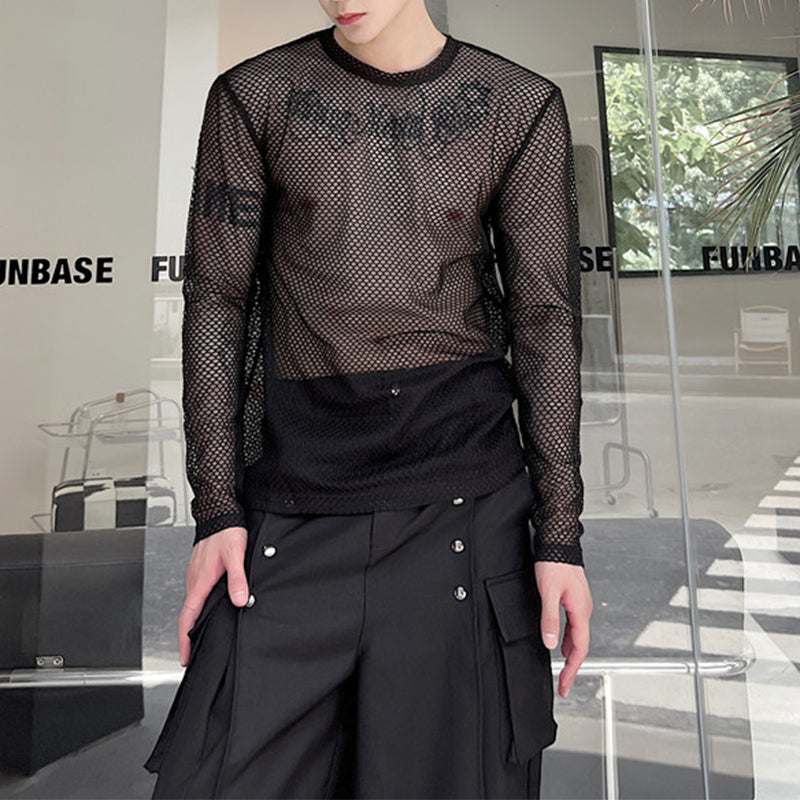 Sheer Mesh Crew Neck Long Sleeve T-Shirt