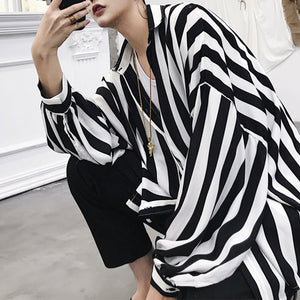 Black And White Striped Doll Sleeve Shirt