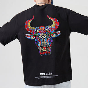 Bull Head Embroidered Loose Short Sleeve T-Shirt